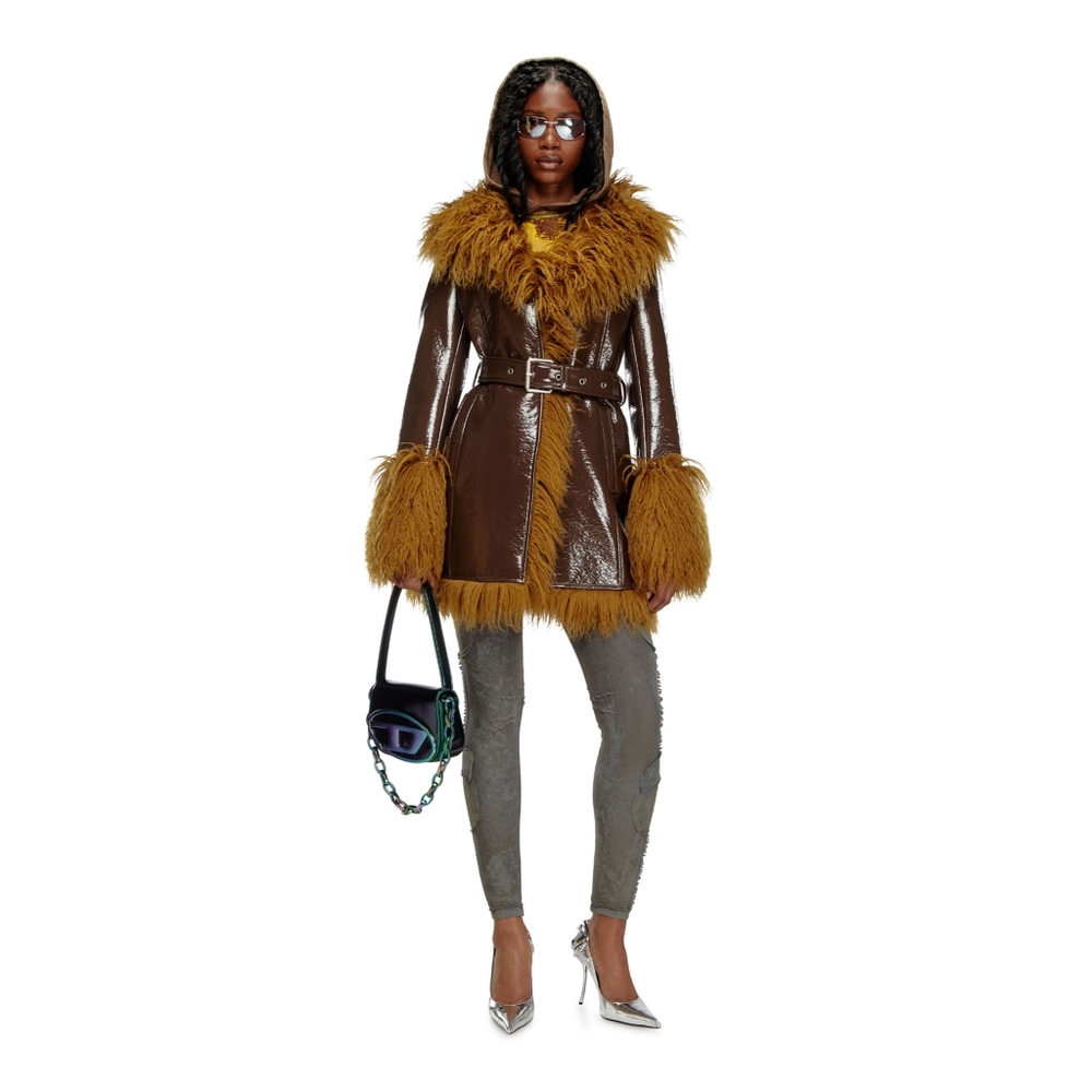 Diesel G-Lacier Coated‎ Trench Coat With Shaggy Trim Brown Size 46 US Size XL